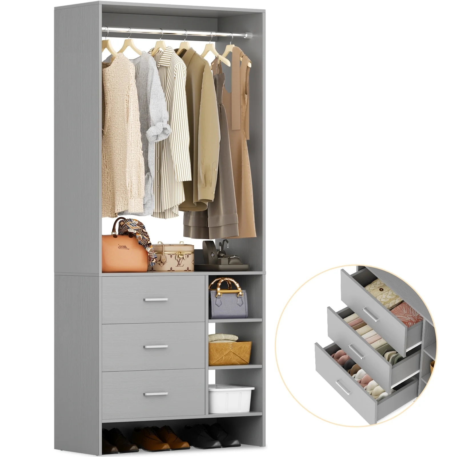 Cimly 30'' W Freestanding Closet Sytem with Hanging Rod, Closet Organizer with Drawers and Shelves