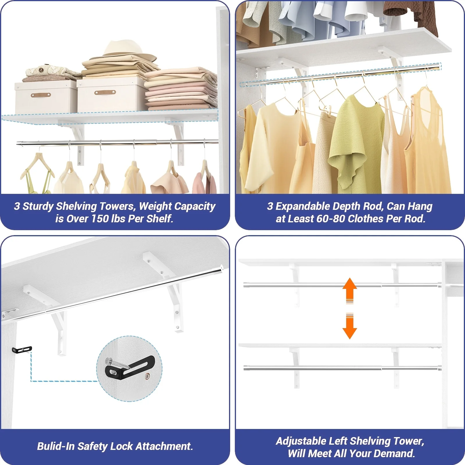 Rackcog 20-96'' W Closet System Starter Kit, Sturdy DIY Closet Organizer with 3 Winged Storage Shelves