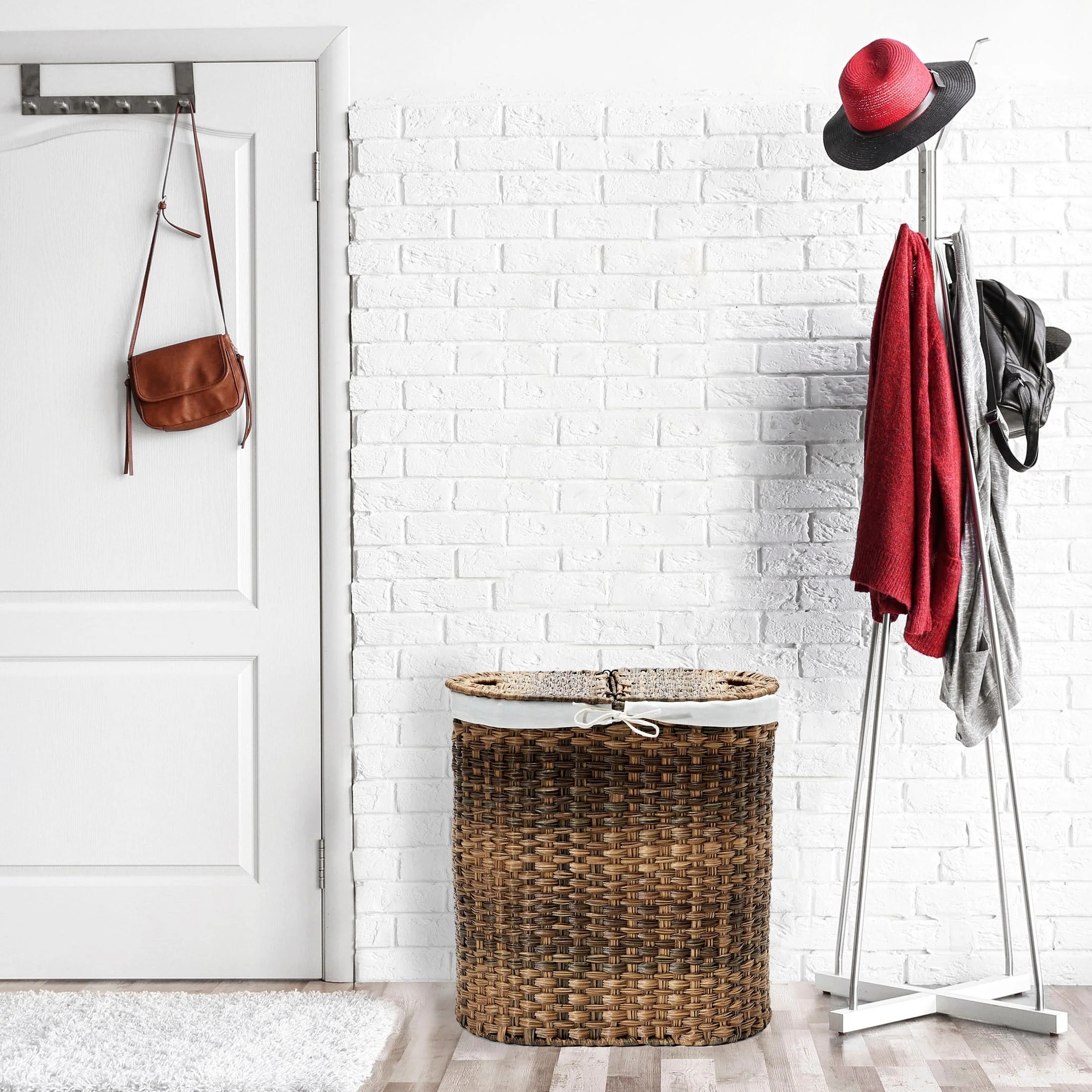 Seville Classics Handwoven Lidded Oval Double Laundry Hamper