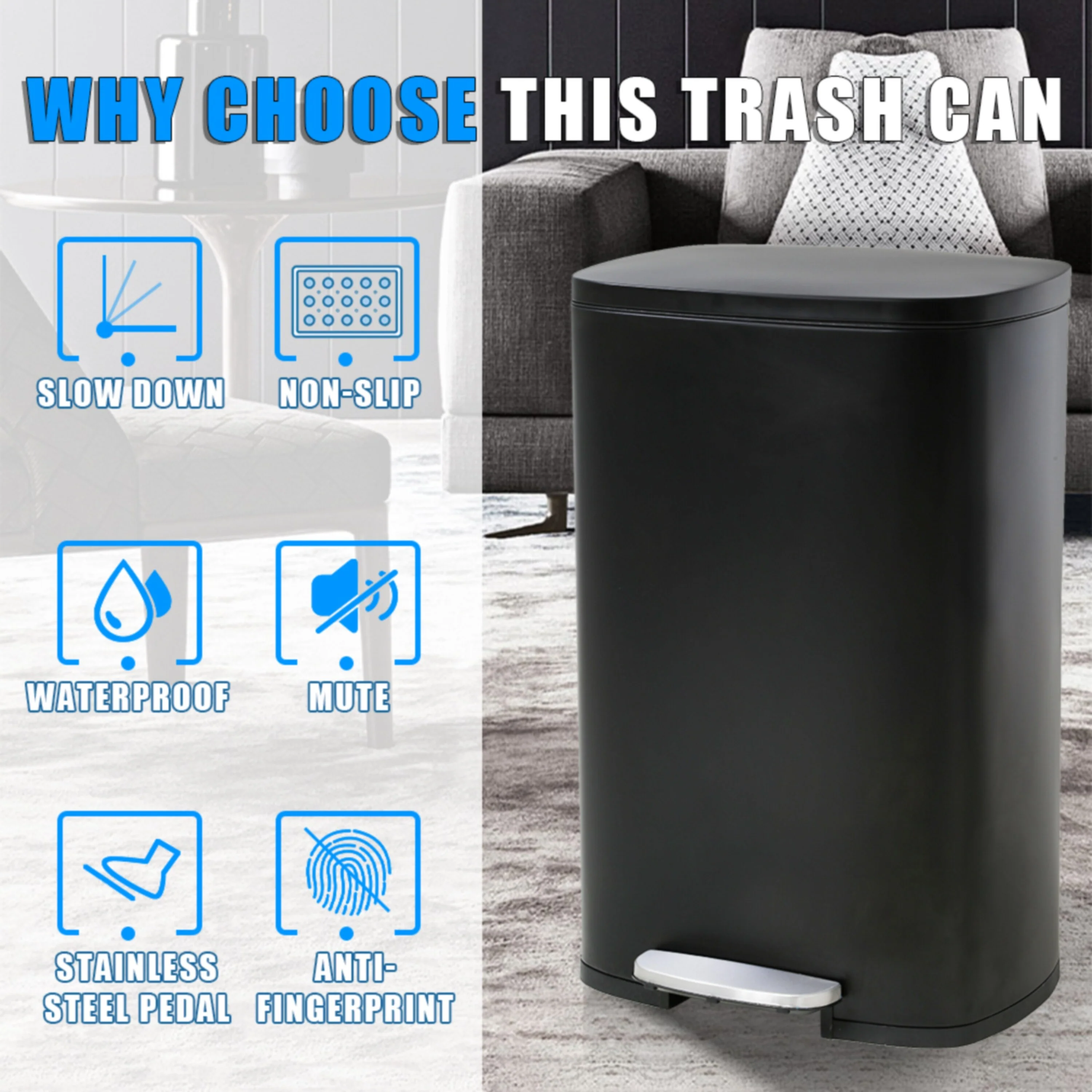 13 Gallon 50 Liter Stainless Steel Step Trash Can with Removable Inner Bucket by Furniture of America
