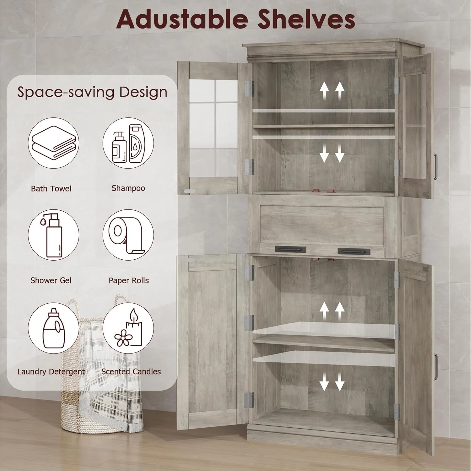 Tall Bathroom Cabinet, Freestanding Storage Cabinet with Glass Doors