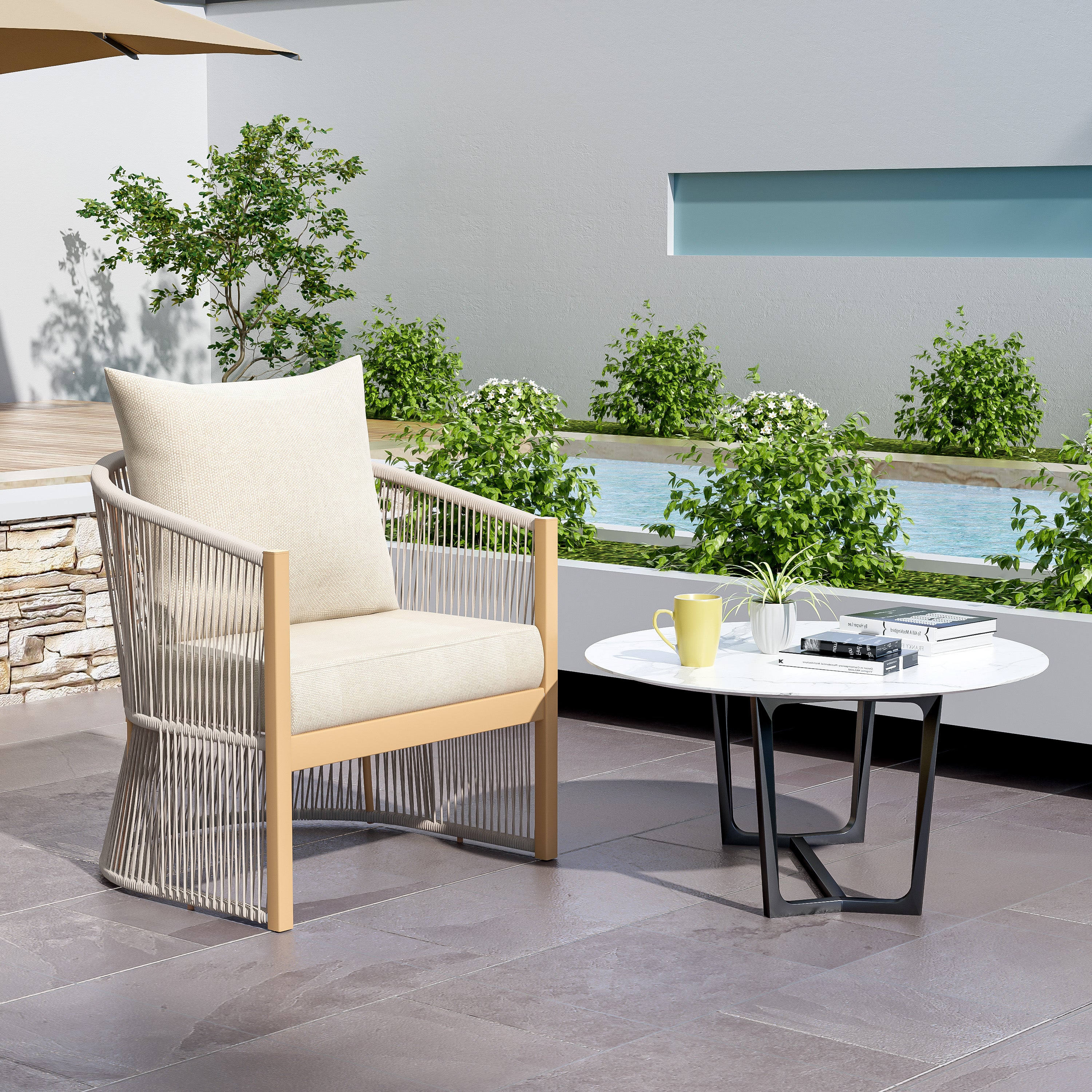 Outdoor Lounge Chair with Rope-Weave Design and Curved Frame