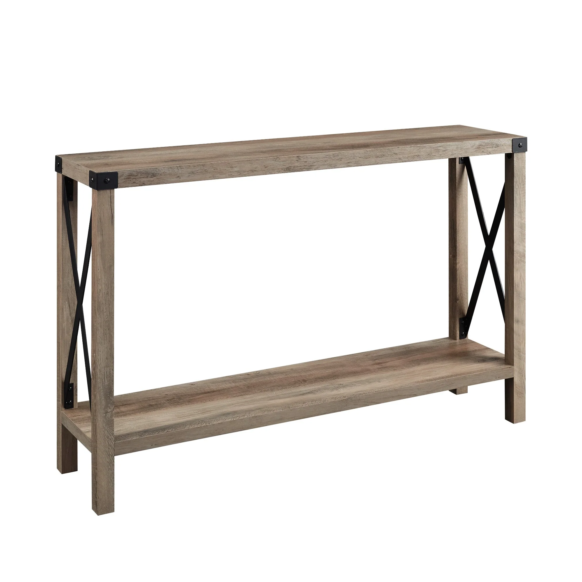 Wood Entry Table with Lower Shelf and X-Shaped Metal Sides