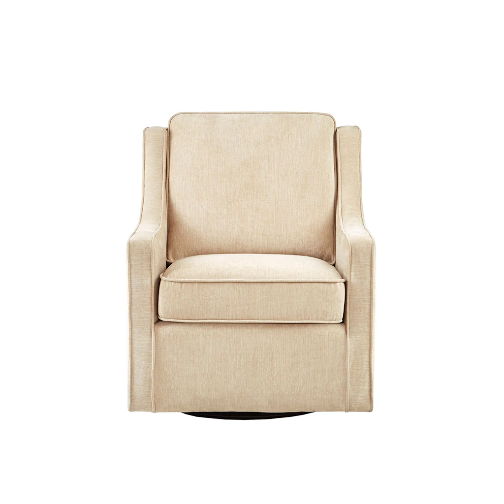 Upholstered Swivel Chair with Curved Armrest and Metal Base