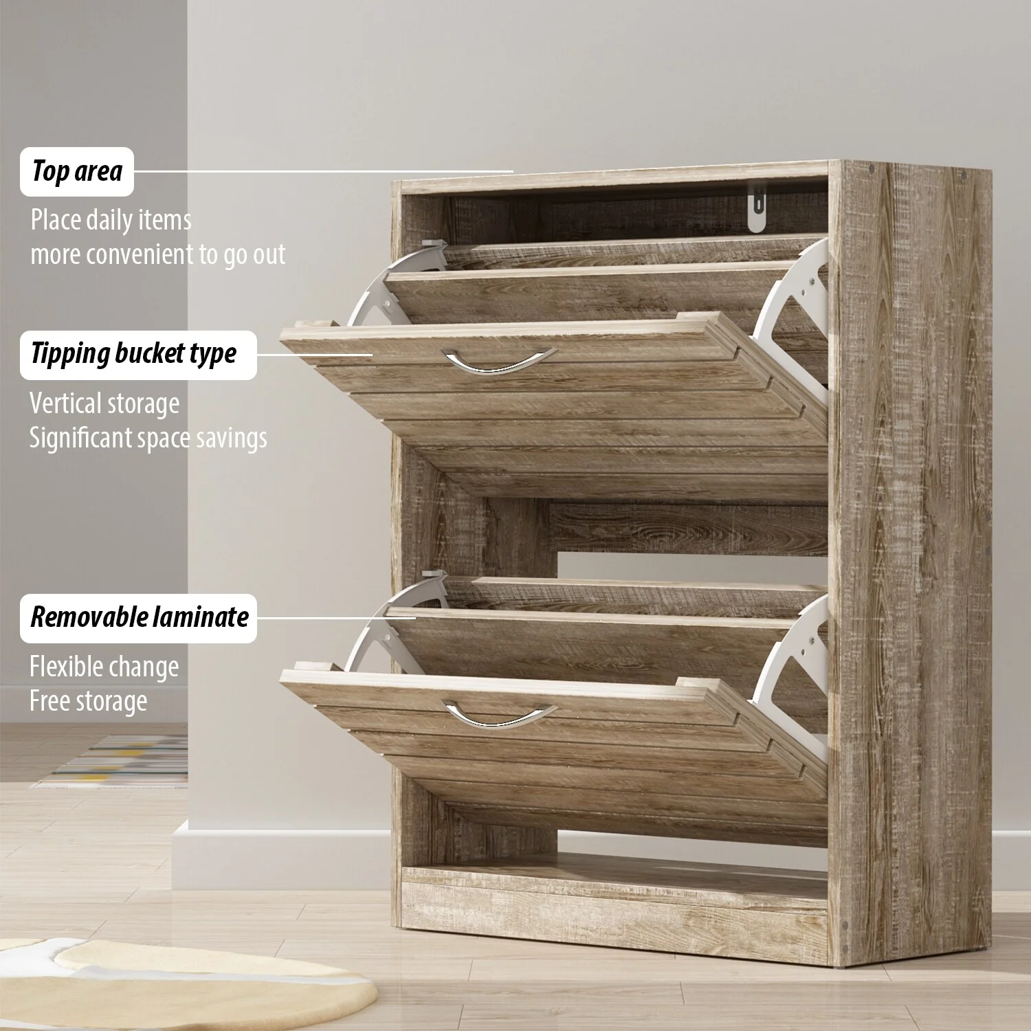 Shoe Storage Cabinet Two Drawer Space Saving Grey/Oak/White Dresser