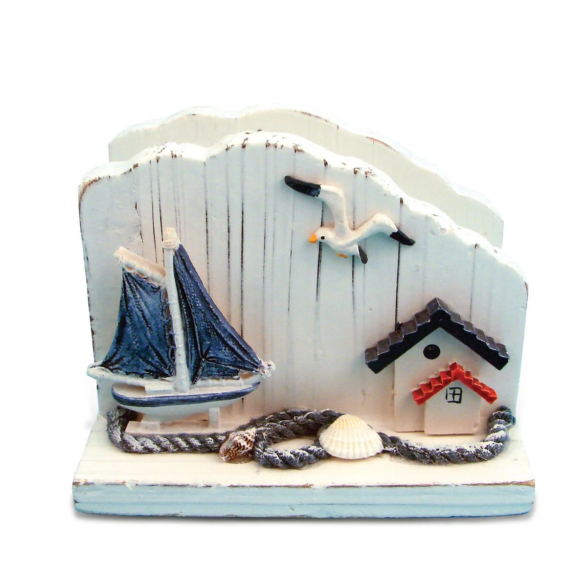 Puzzled White Wooden Sailboat Napkin Holder Nautical Beach Themed