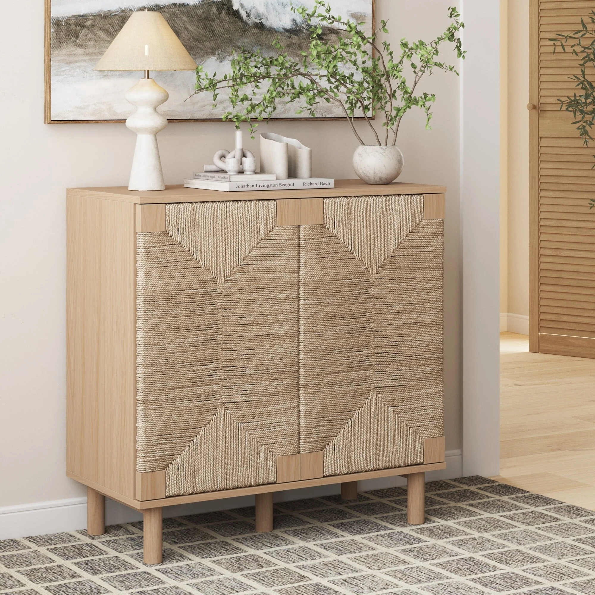 Nathan James Beacon Wood Accent Cabinet with Seagrass Doors and Adjustable Shelf