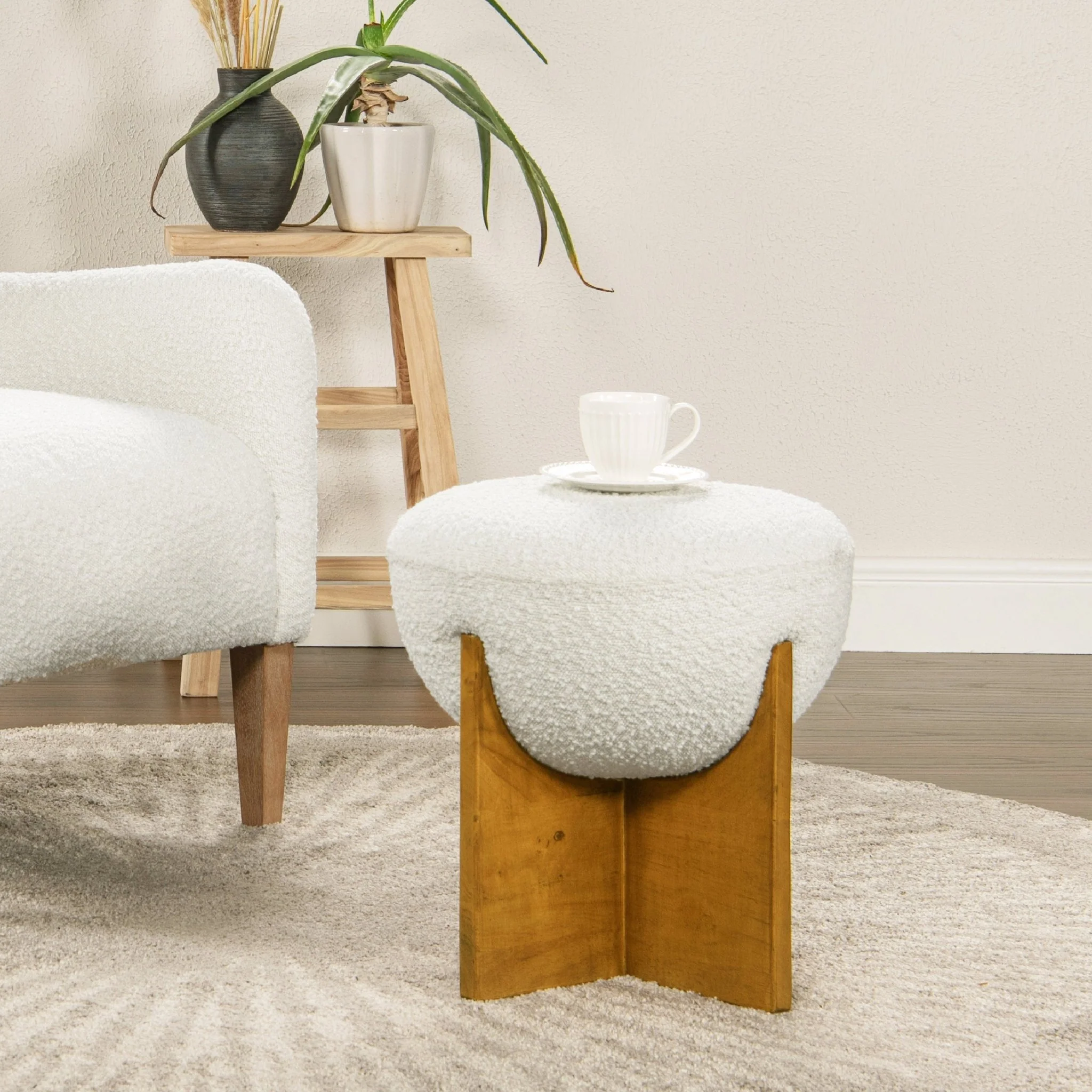 Aviation Round Upholstered Cocktail Ottoman with Natural Wood Base