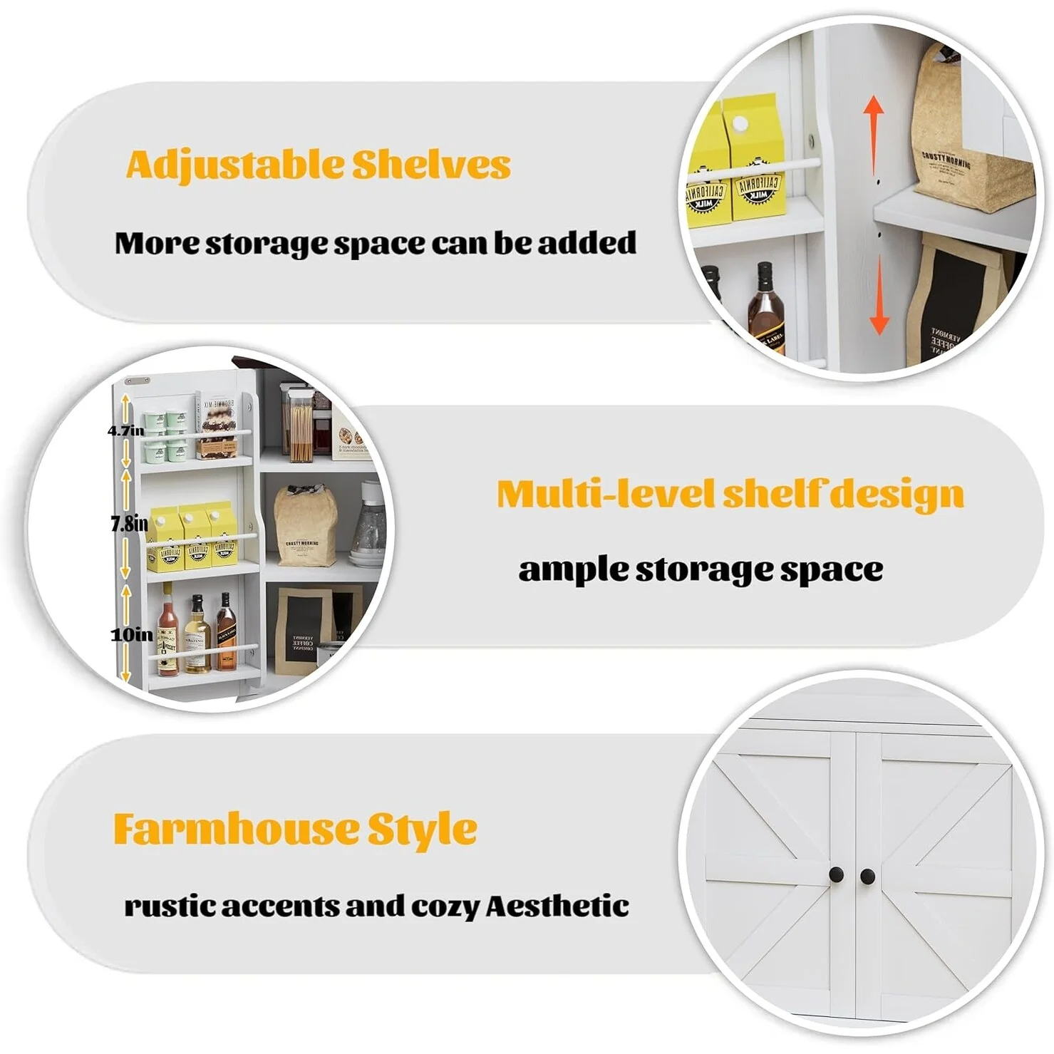 Kitchen Island with Storage, Farmhouse Sideboard Cabinet, Storage Cabinet, White