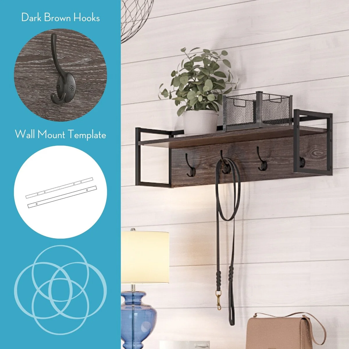 RiverRidge Afton 4-Hook Wall Mount Entryway Organizer Coat Rack Hanger - Weathered Woodgrain and Dark Brown Hooks