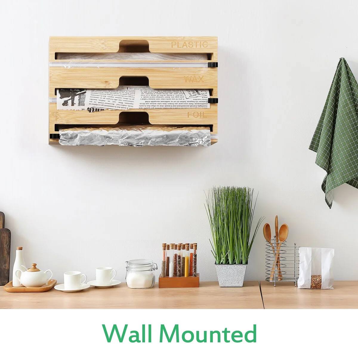Plastic Wrap, Aluminum Foil and Wax Bamboo Dispenser for Kitchen Storage - 1PCS