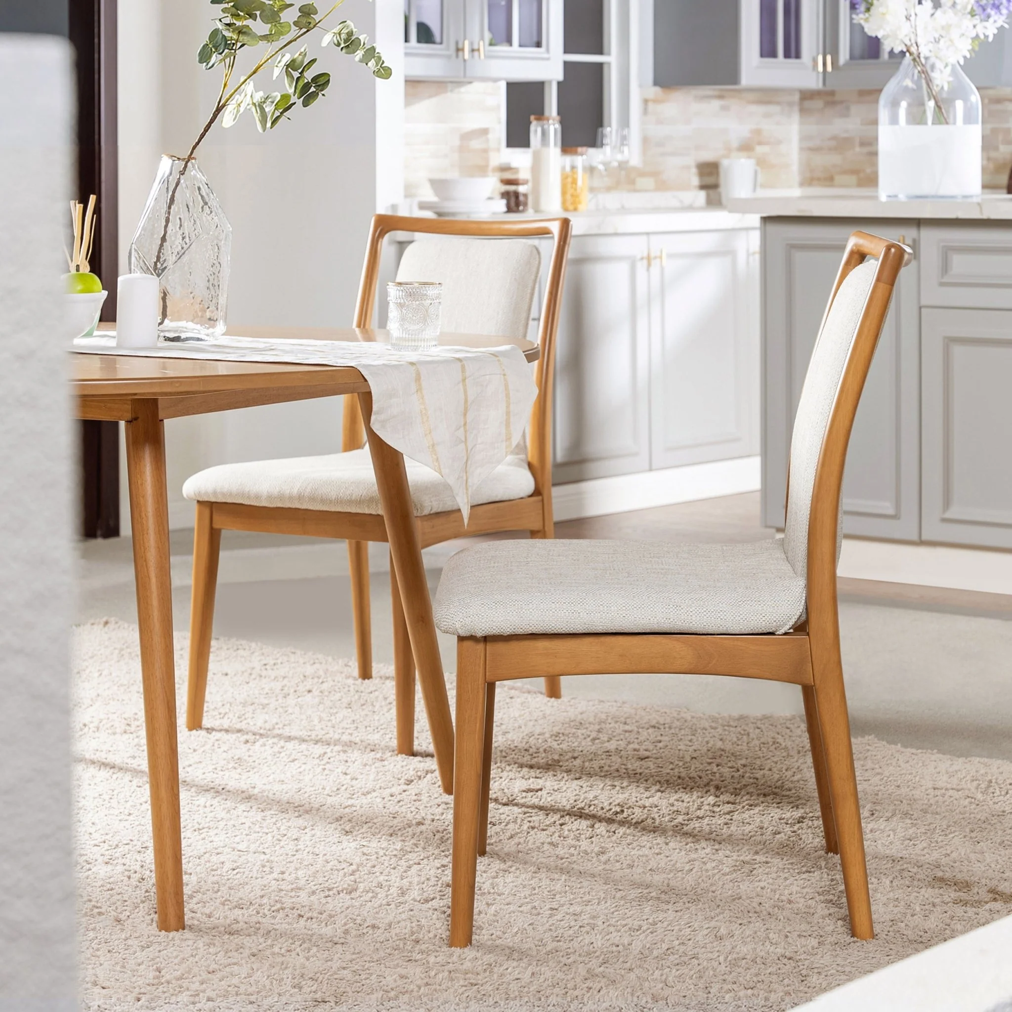 Upholstered Dining Chair with Rubberwood Frame and High Back, Set of 2
