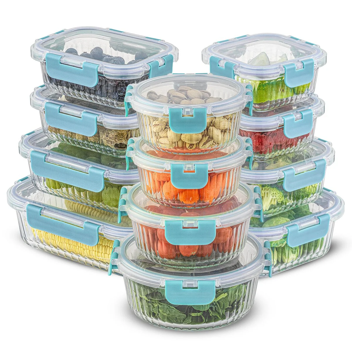JoyJolt 24-Piece Fluted Glass Food Storage Container Set with Lids - 13.5 oz. 20.5 oz. 32 oz. 5.2 in. 5.9 in. 6.75 in.