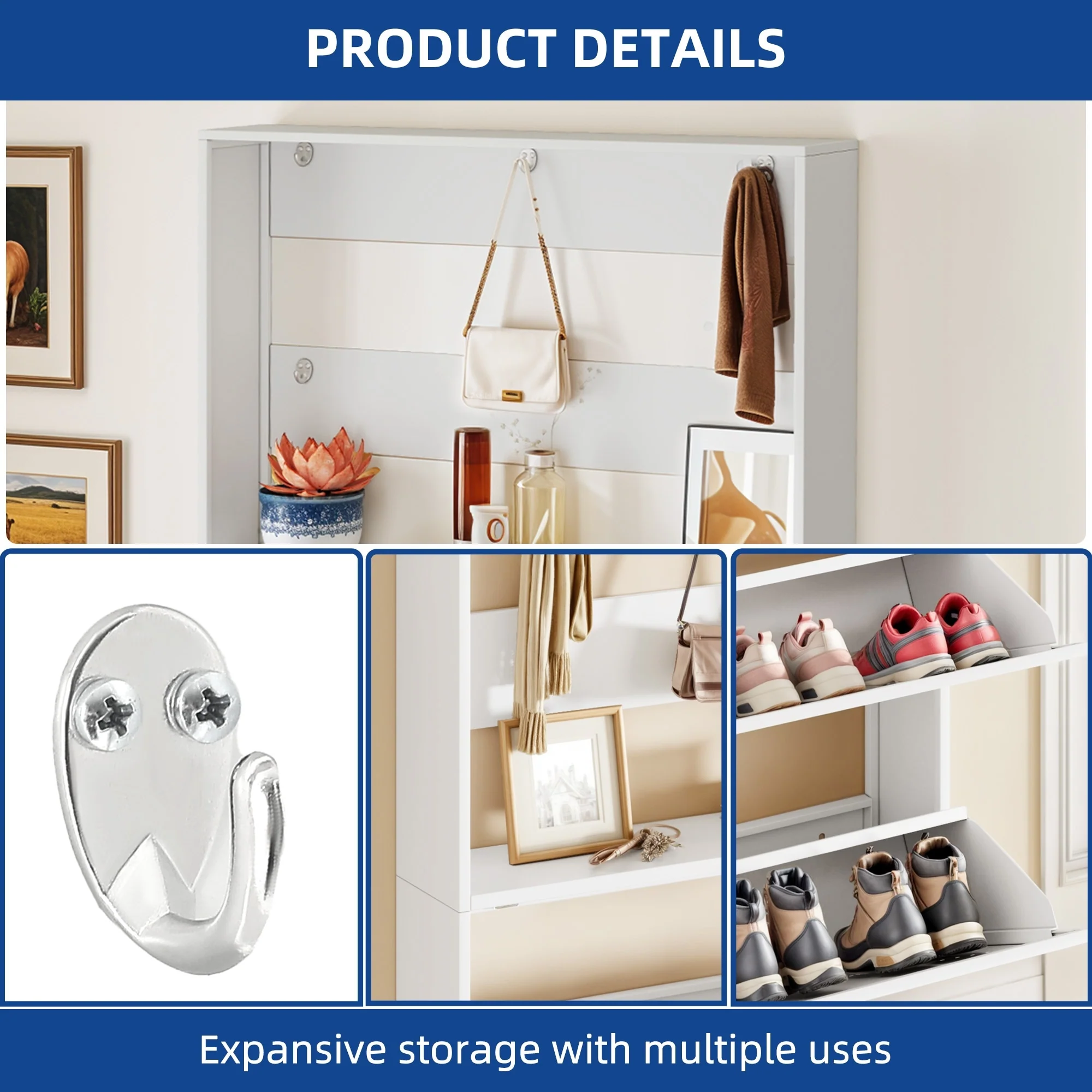 Moasis Wall-Mounted Shoe Cabinet with 3 Flip Drawers, Shoe Organizer with Hanging Bars and Hooks