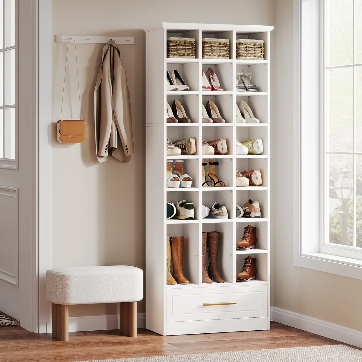 70.9-Inch Shoe Storage Cabinet, Tall Wooden Shoe Rack with 24 Cubbies and Drawer for Closet, Entryway, Living Room