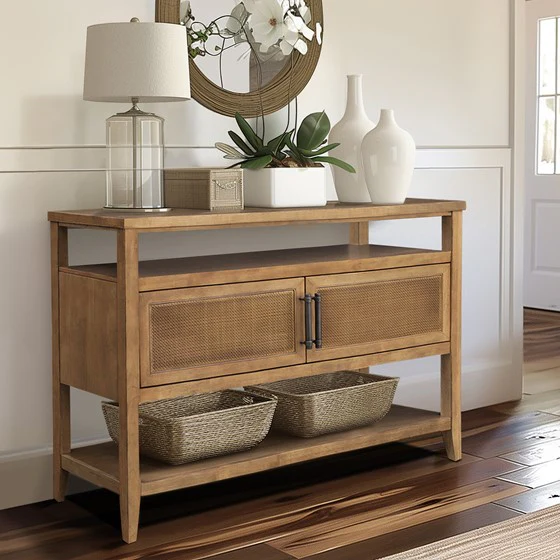 Console Table with 2 Cane Doors and 2 Shelves