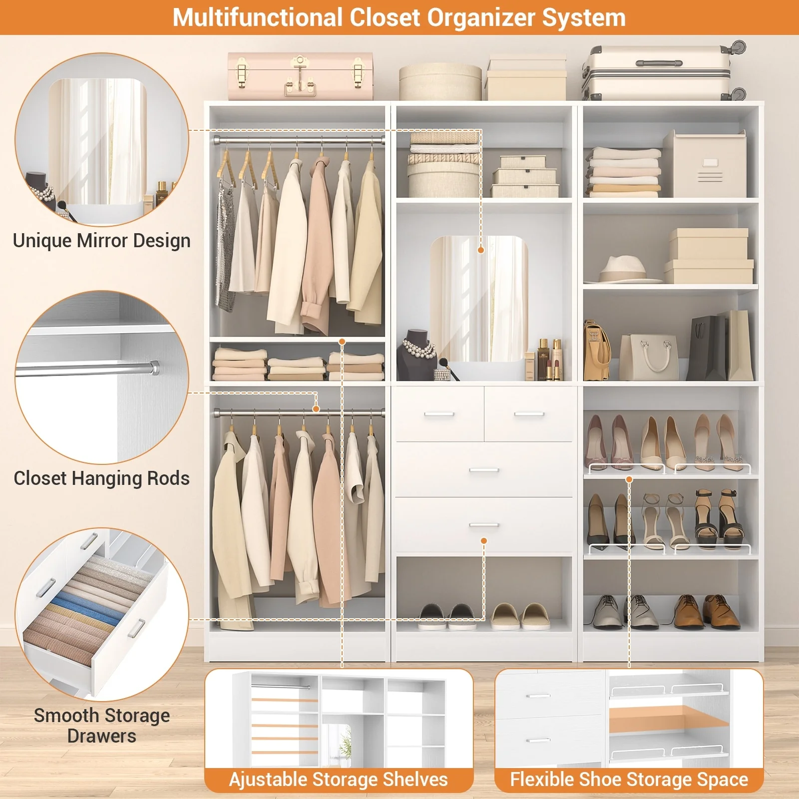 Cimly Set of 3 Freestanding Closet System with Drawers and Shoe Racks, 75'' Closet Organizer with Hanging Rods and Mirror