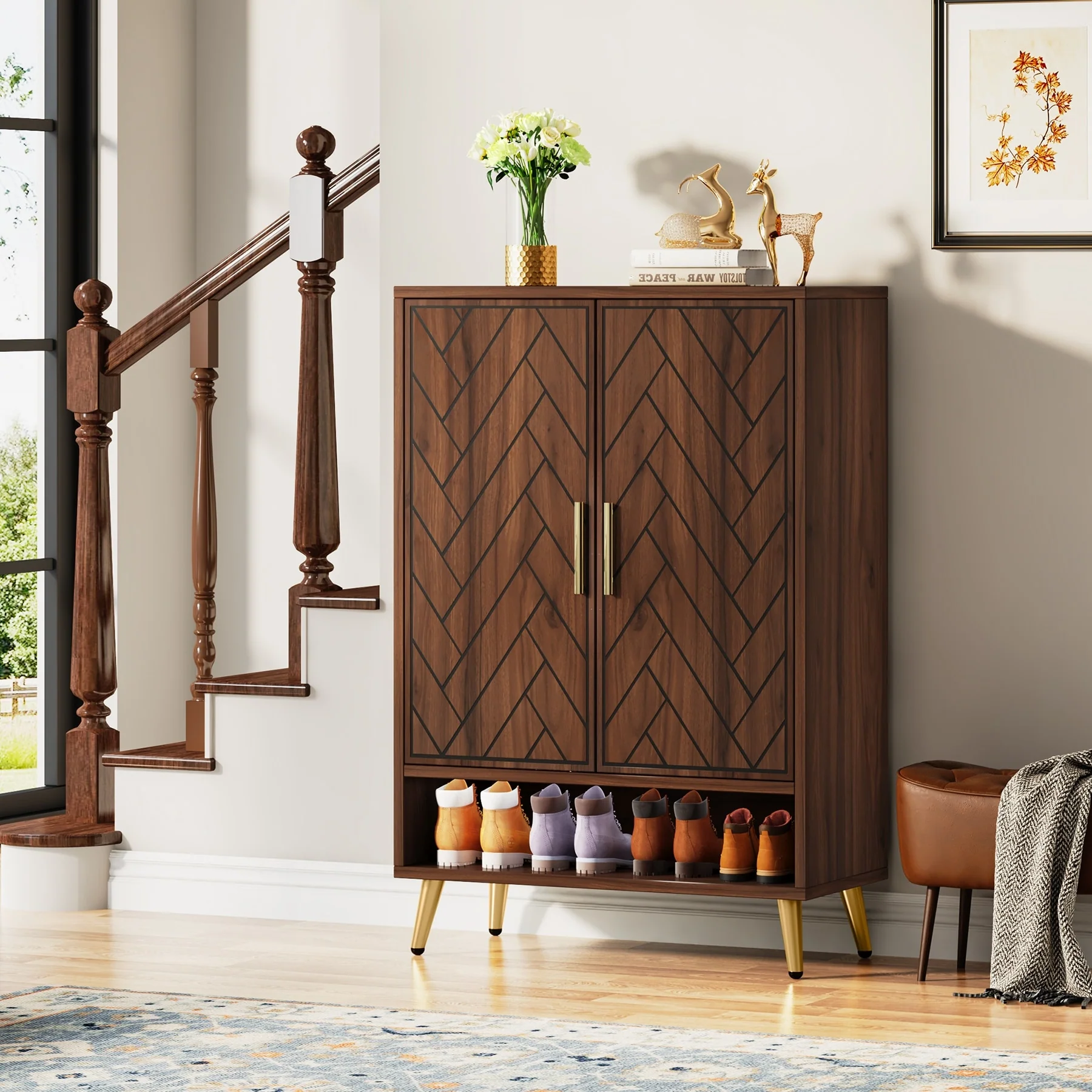 Walnut Shoe Cabinet, 6-Tier Wooden Shoe Organizer with Stable Leg