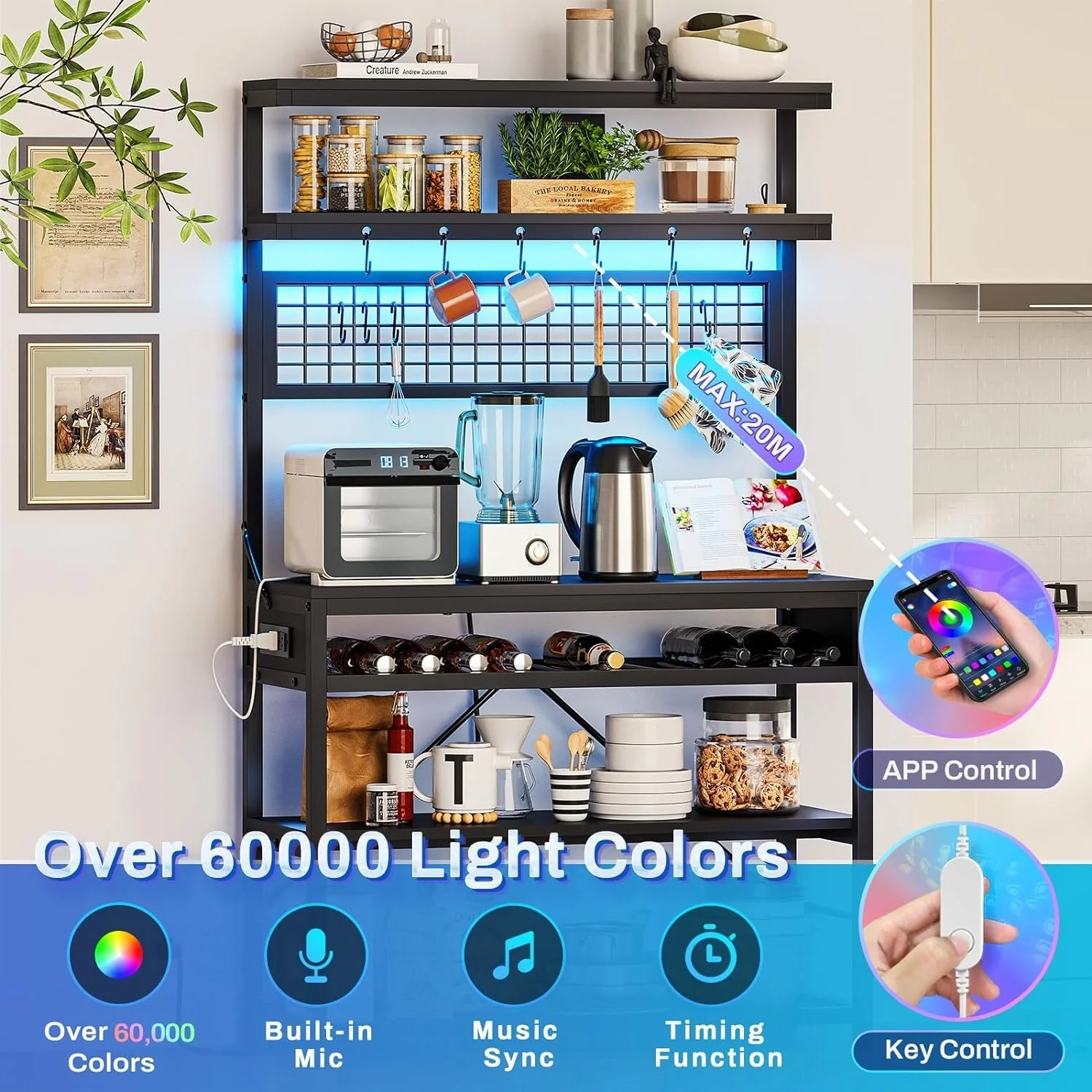 Bakers Rack with Power Outlet 6-Tier Coffee Bar Microwave Stand