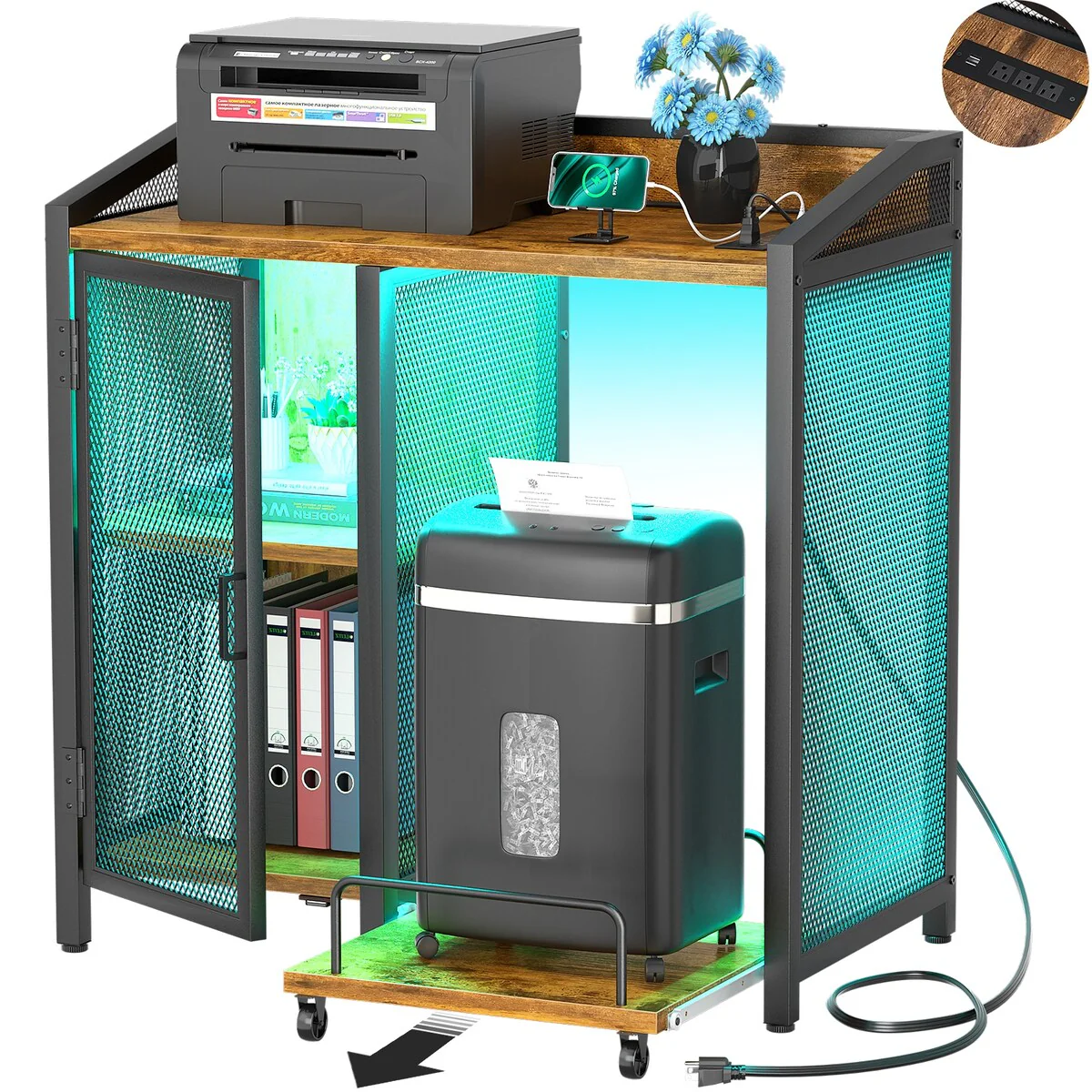 File Cabinet with Charge Station, Storage Cabinet with Paper Shredder Stand On Wheel