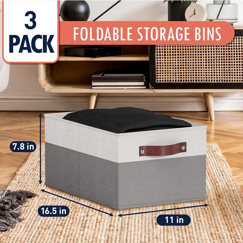 3 Pack Collapsible Shelf Basket Rectangle Storage Bins with Faux Leather Handles