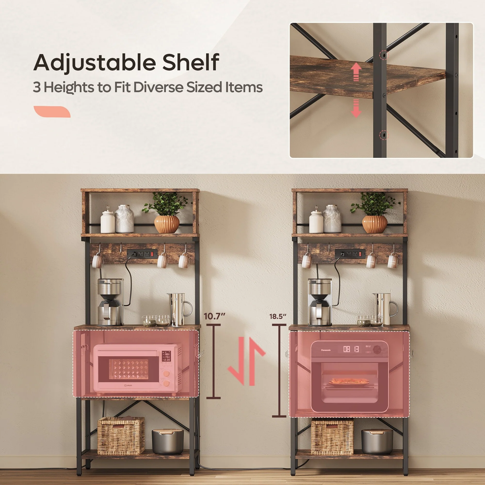 60 Inch Kitchen Baker's Rack with Hutch 8 Side Hooks