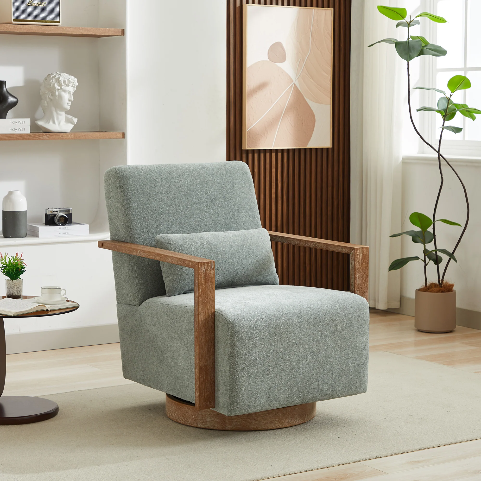 Upholstered Swivel Chair with Open Arms Design and Wood Base