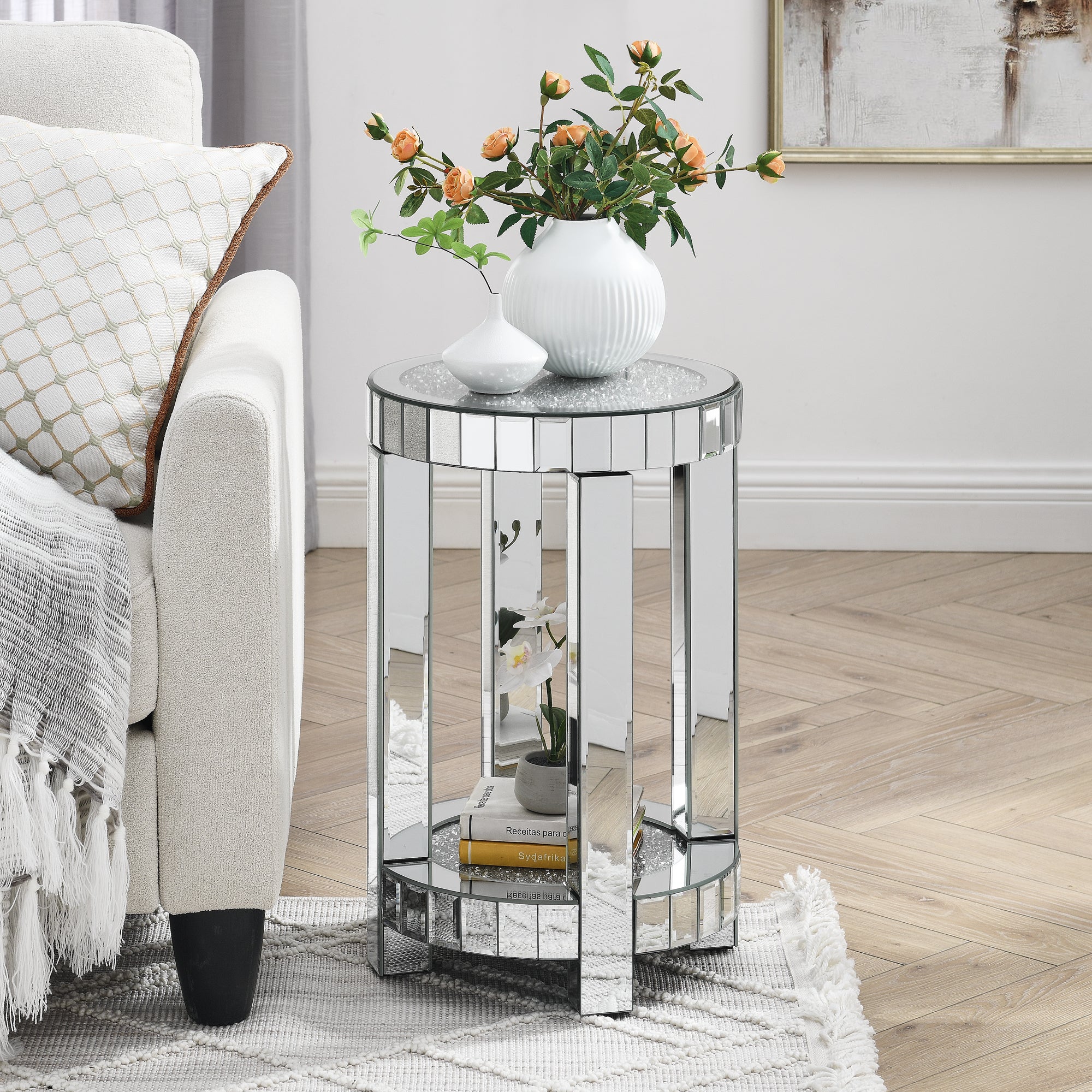 Mirror Round Side Table with Crystal Inlay and Storage Space