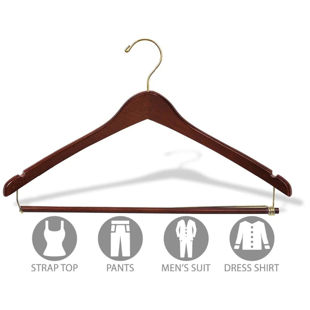 Curved Wood Suit Hanger with Locking Bar, Set of 25 17 Inch Hangers with Walnut Finish & Brass Swivel Hook & Notches