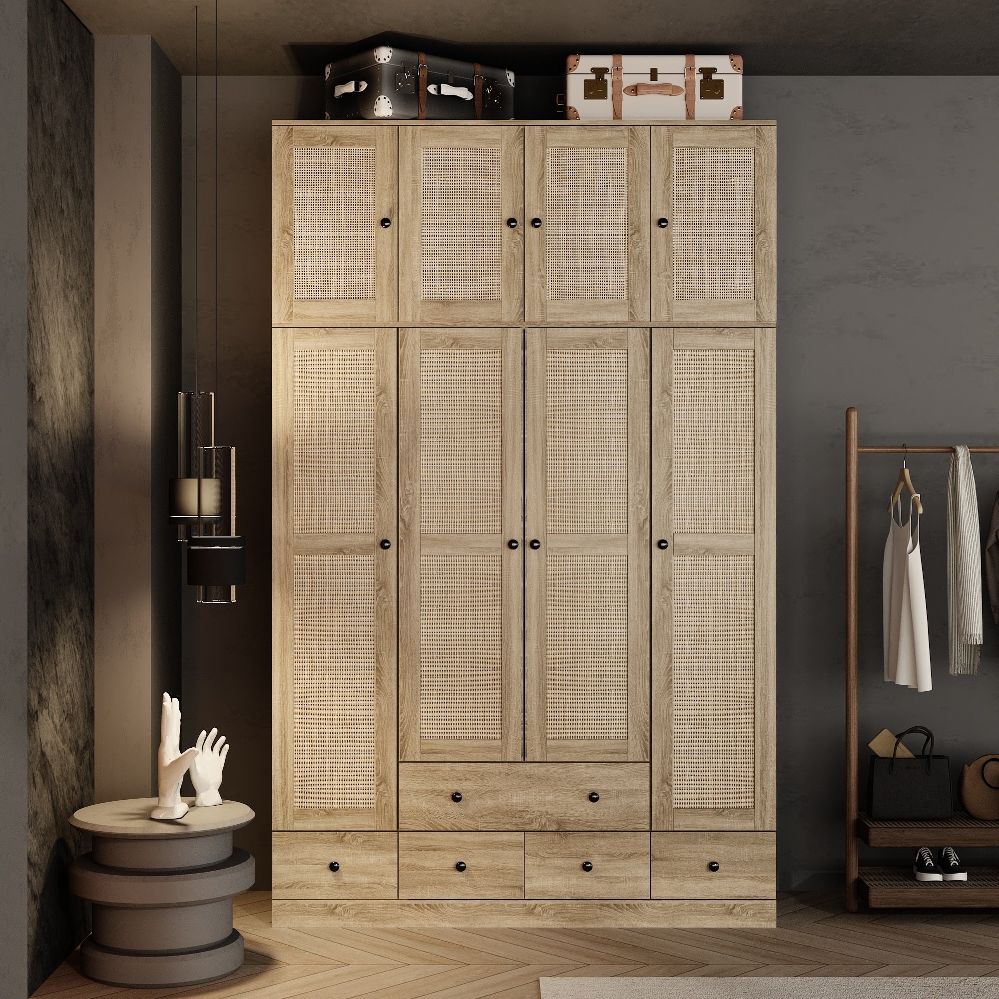 Large Storage Wardrobe Versatile Rattan Door Closet with Deep Drawers