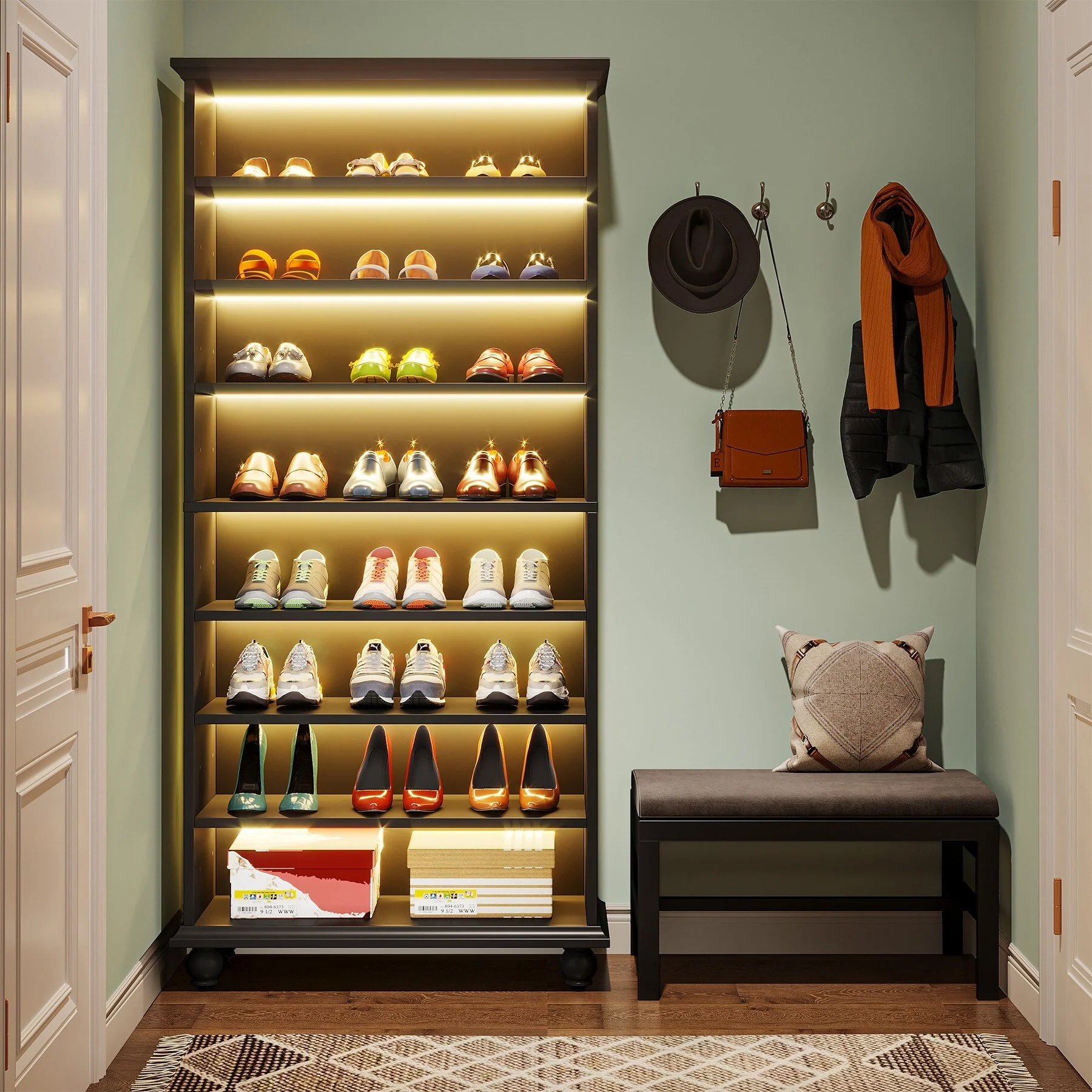 Narrow Tall Shoe Storage Cabinet with LED Lighting for Entryway - 9-Tier