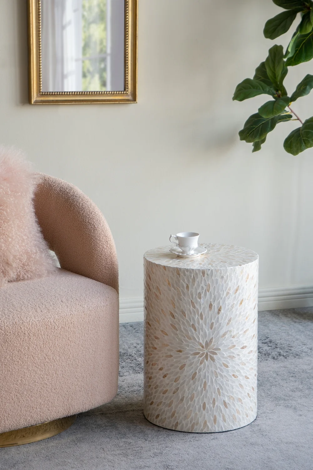 Gold and White Capiz Drum Side Table