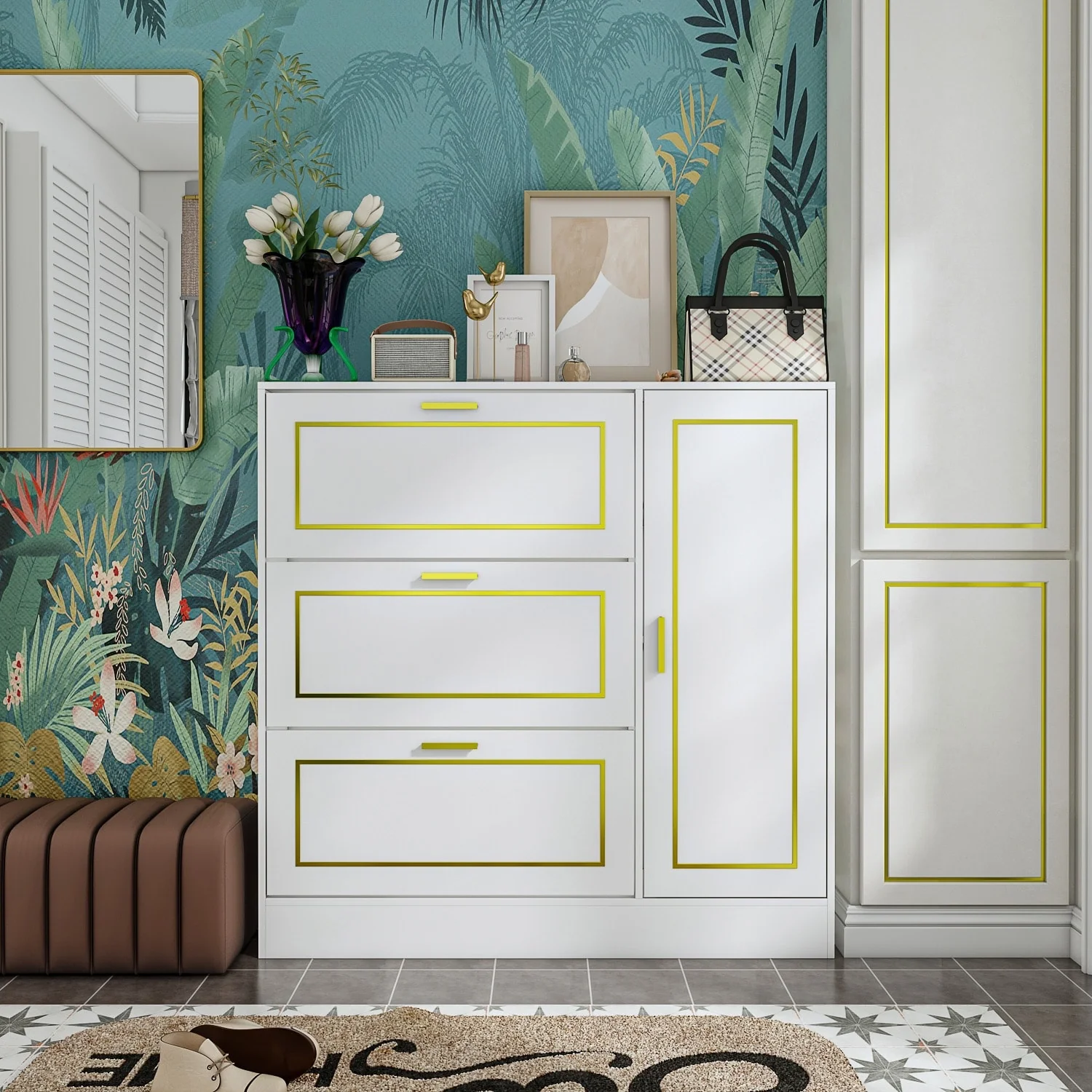 Fold-Out Shoes Cabinet Storage Cabinet Dresser Chest(Black/White)