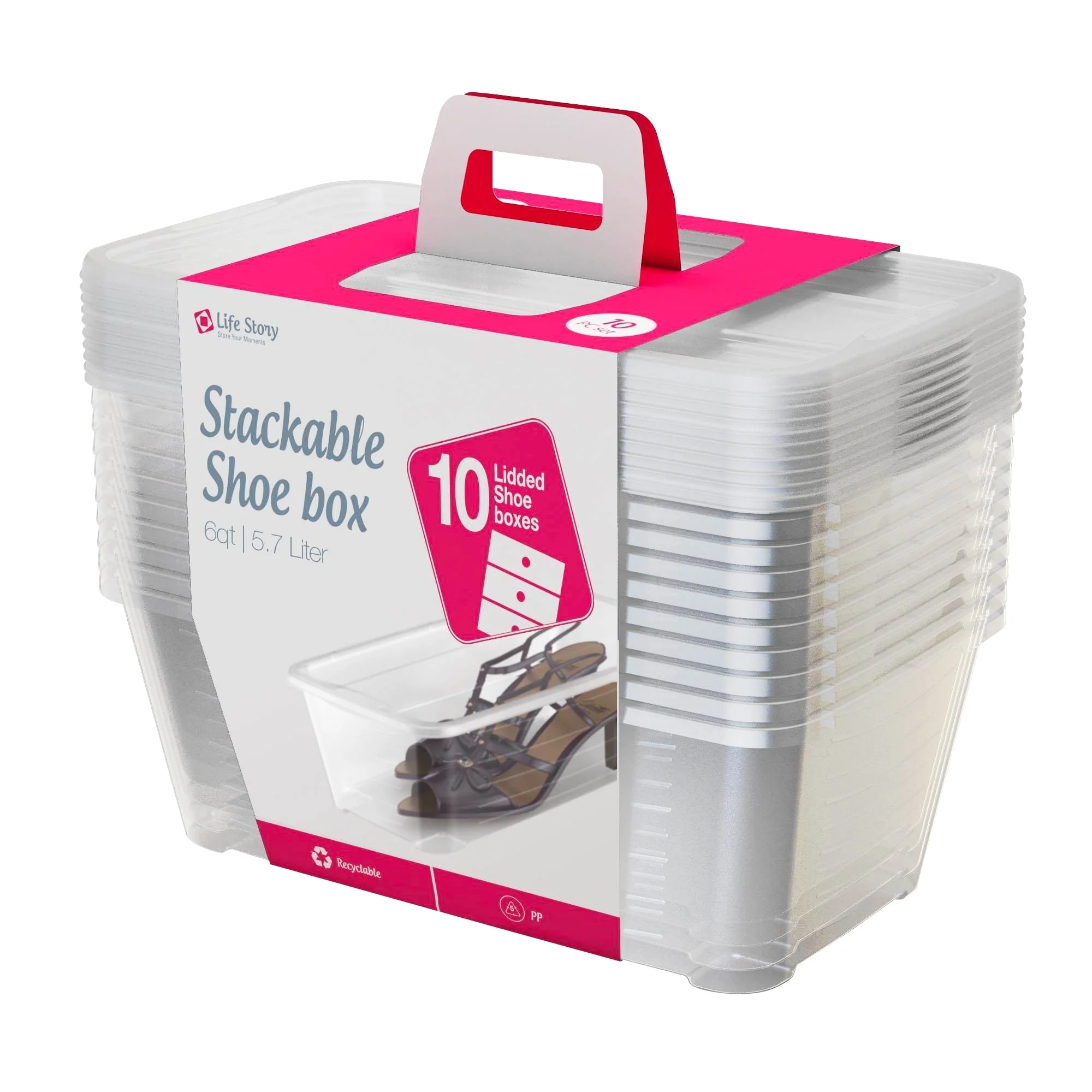 Life Story 6L Shoe and Closet Storage Box Stacking Containers, Clear (10 Pack)