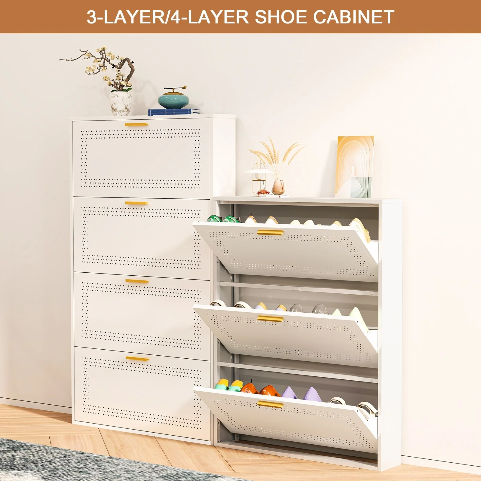 Metal Shoe Storage Cabinet with 3/4 Flip Drawers, Breathable & Space Saving