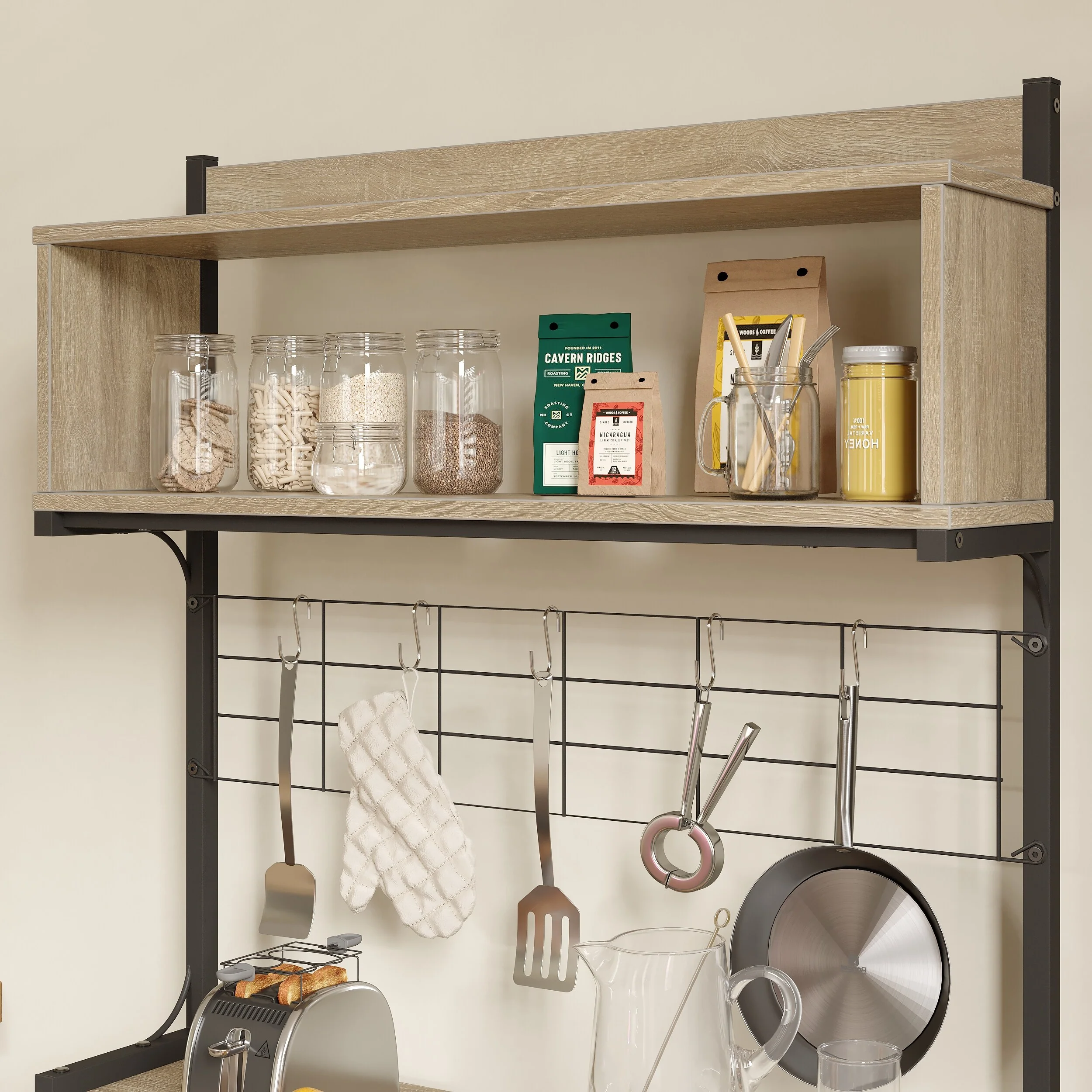 63 Inch Kitchen Baker's Rack with Hutch 8 Side Hooks