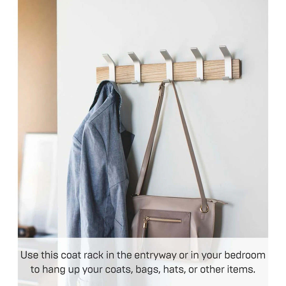 Yamazaki Home Wall-Mounted Coat Rack, Steel and Wood - L 2.56 x W 19.69 x H 3.94 inches