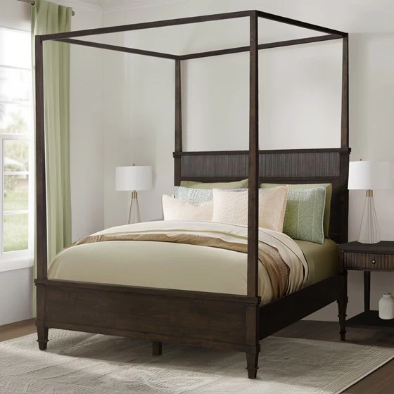 Queen Size Canopy Bed with Fluted Design and Wood Frame