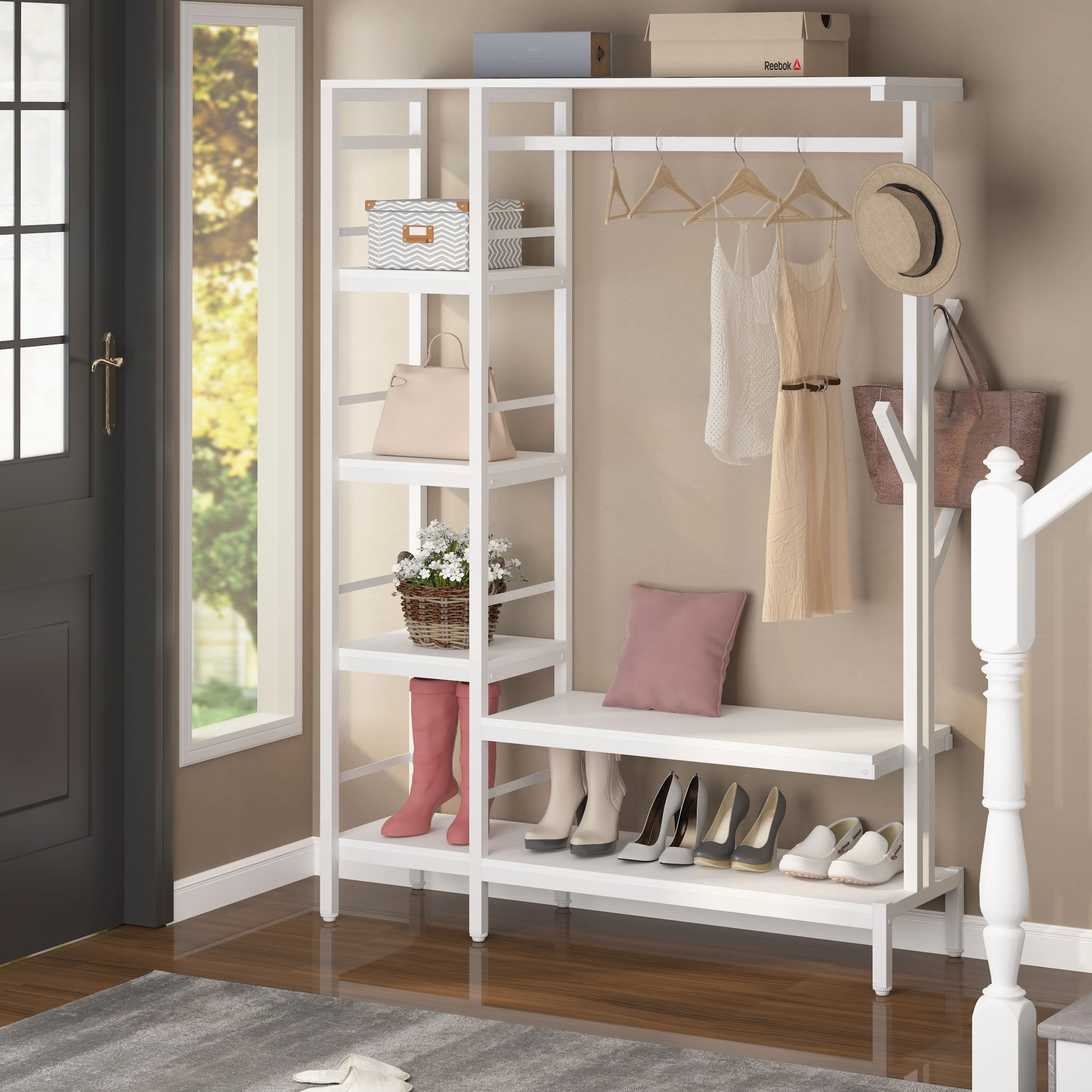 Free-standing Closet Organizer with Hooks, Garment Rack, Coat Rack with Shoe Bench