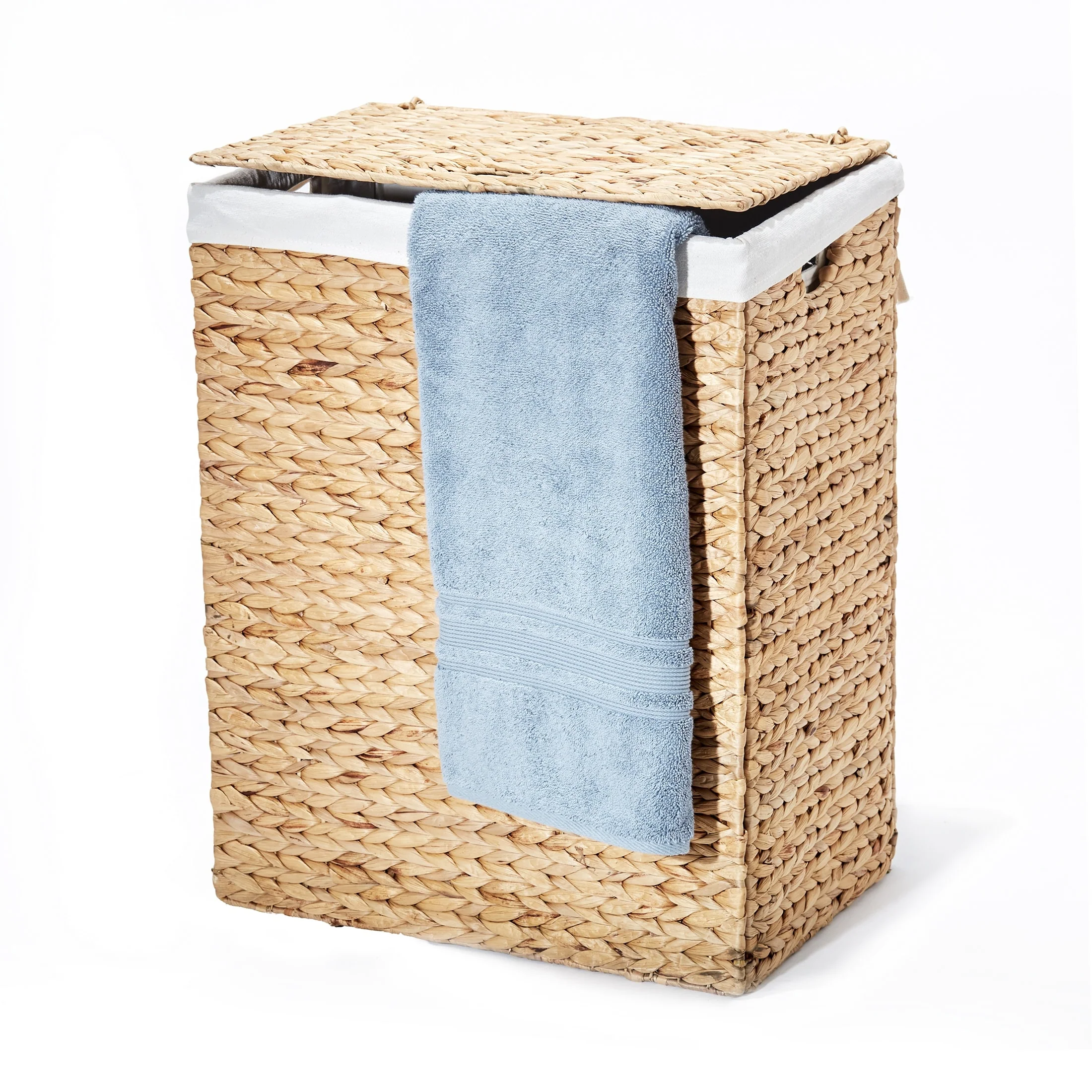 Seville Classics Lidded Foldable Water Hyacinth Portable Rectangular Laundry Hamper Basket with Washable Liner