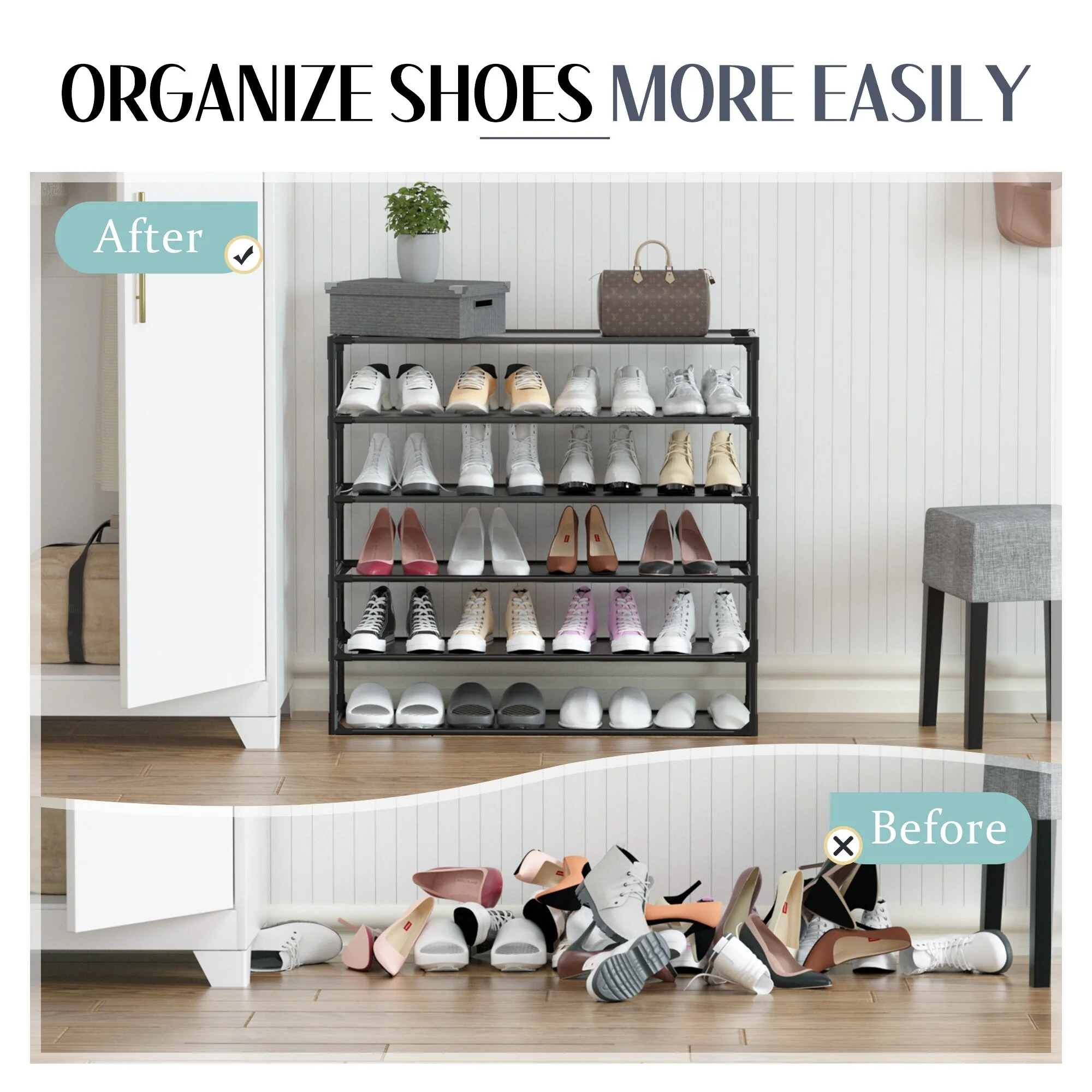 Shoe Rack Detachable Non-Woven Waterproof Fabric Shoe Organizer Tower Black Set of 2