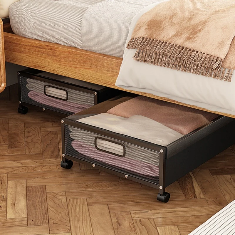 2Pcs Metal + Fabric Underbed Storage Rack Underbed Storage Trolley Bedroom Clothes Shoes Books Mobile Wheeled Box
