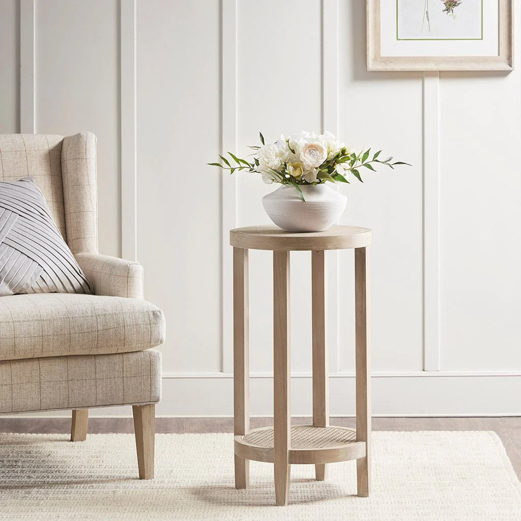 Round Accent Table with Lower Rattan Cane Shelf