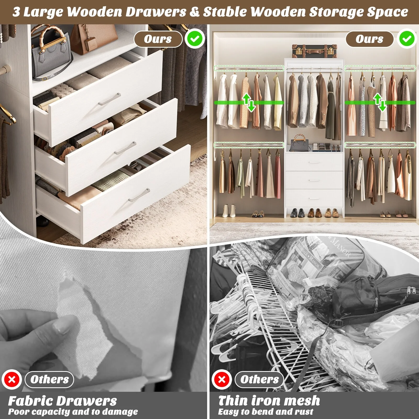 Cimly 118'' Closet Organizer with 3 Wooden Drawers, Adjustable Closet System with 5 Hanging Rods