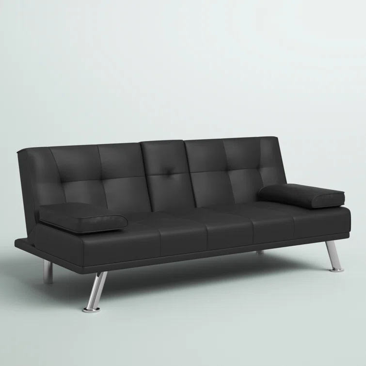 Janni 66'' Wide Faux Leather Cushion Back Convertible Sofa with Cup Holder