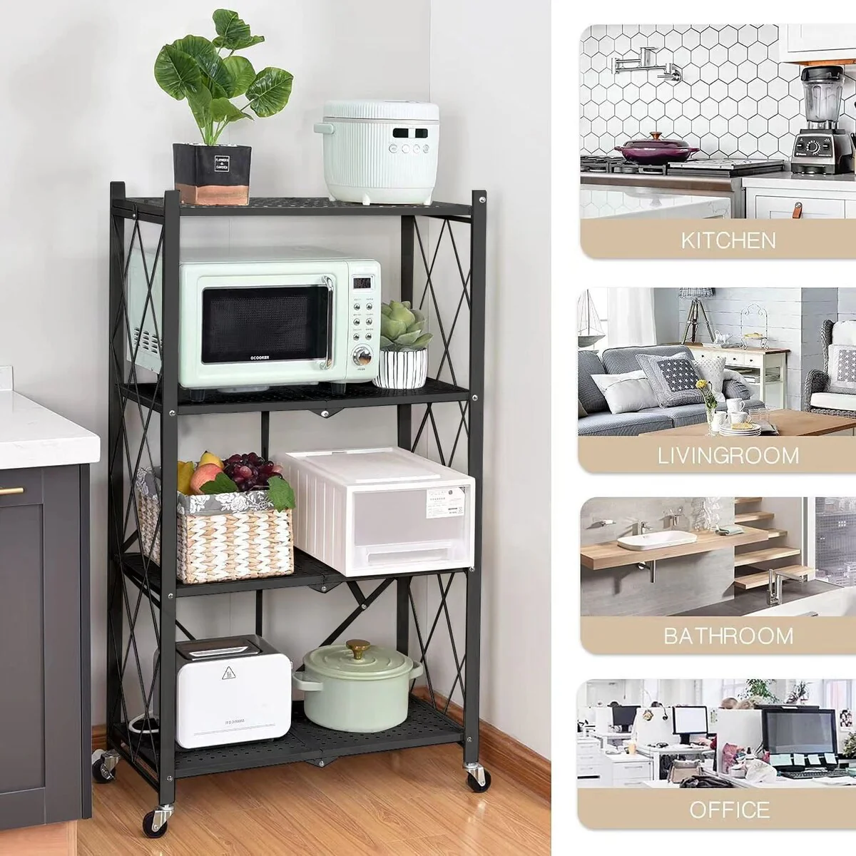 4-Tier Foldable Storage Shelving Unit, Heavy Duty Metal Shelf, Kitchen Shelf with 3 Hooks