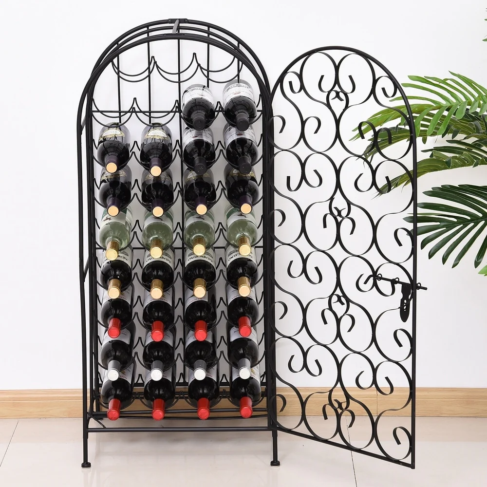 HOMCOM 35 Bottle Wrought Iron Wine Rack Jail with Lock - Black - 17.5*14*38.5