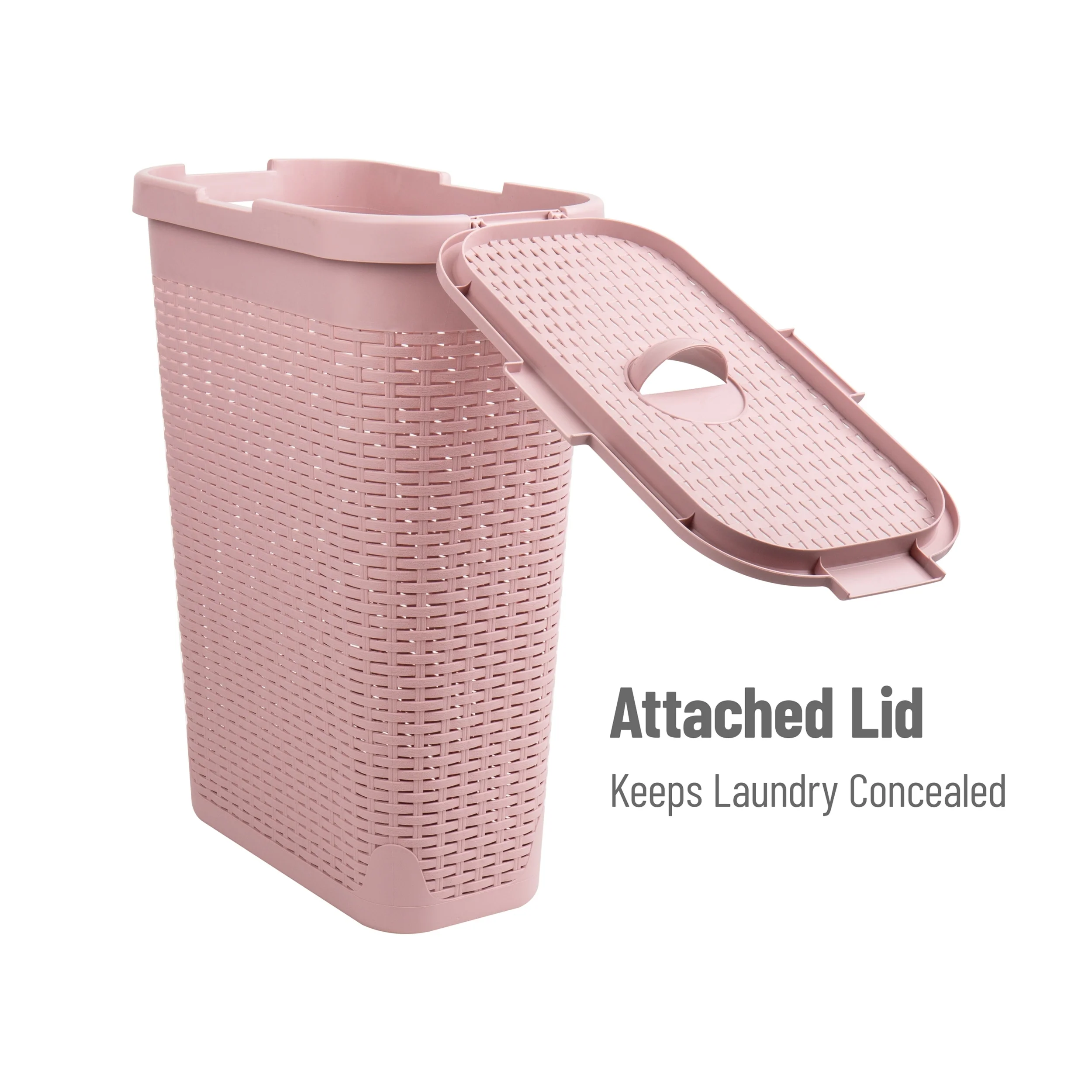 Mind Reader 40L Slim Laundry Hamper, Clothes Basket, Lid, Wicker Design, Plastic, 18