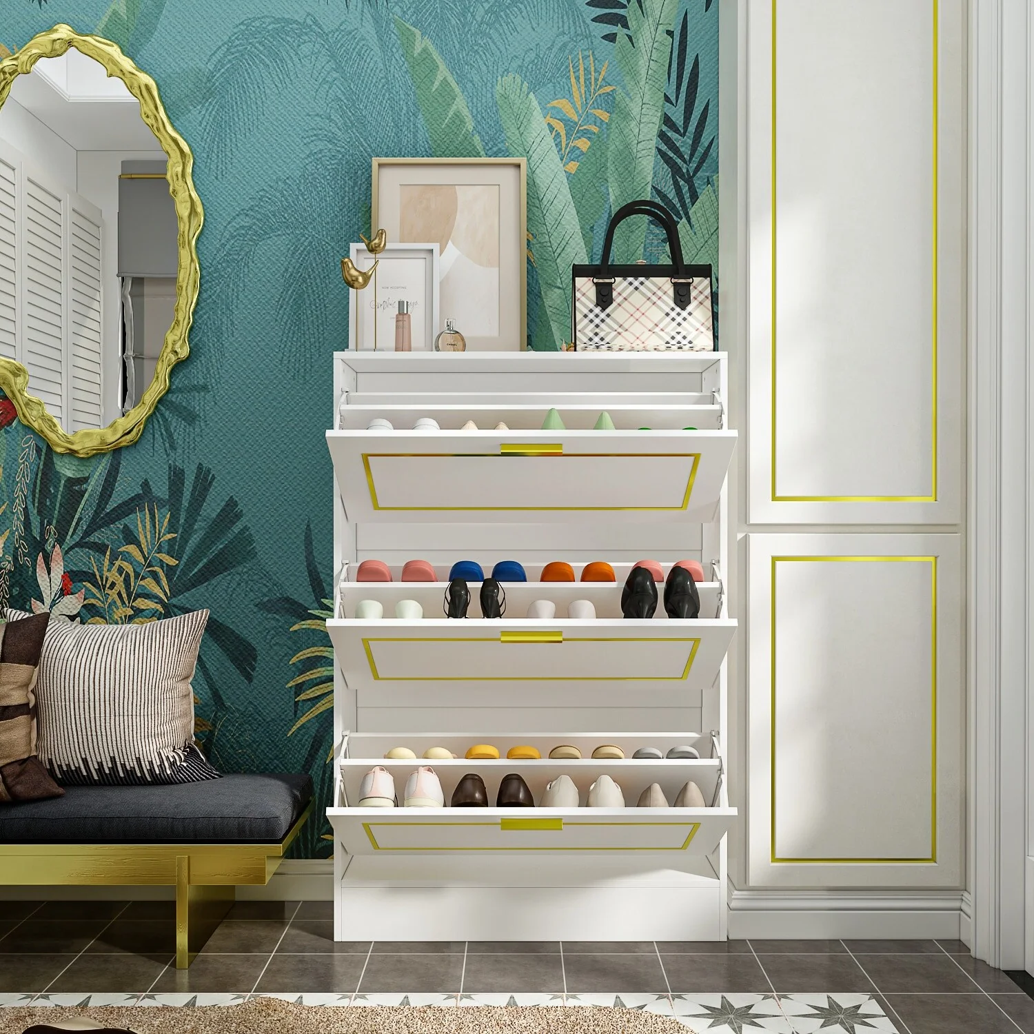 Fold-Out Shoes Cabinet Storage Cabinet Dresser Chest(Black/White)