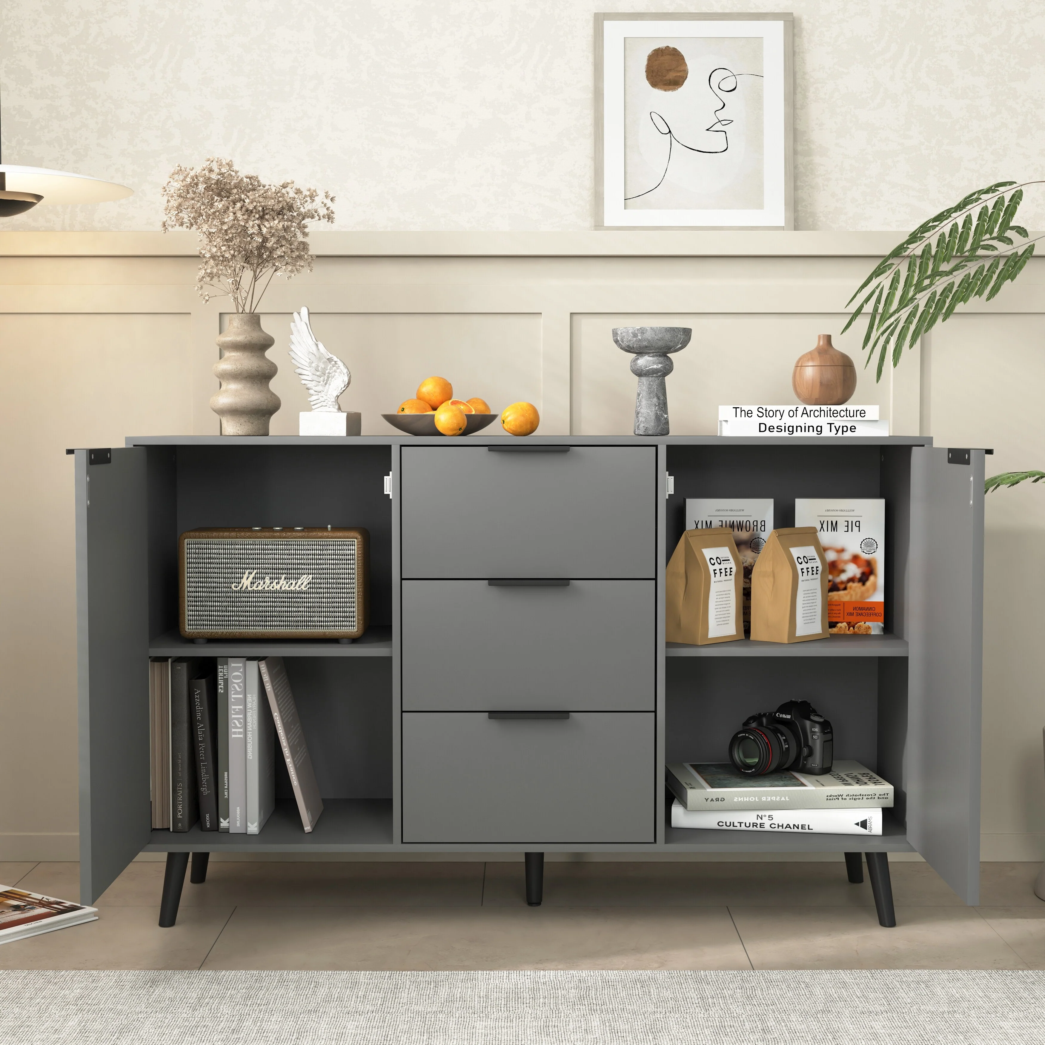 Sideboard Buffet Cabinet with Storage, Wood Coffee Bar Cabinet with Drawers & Doors